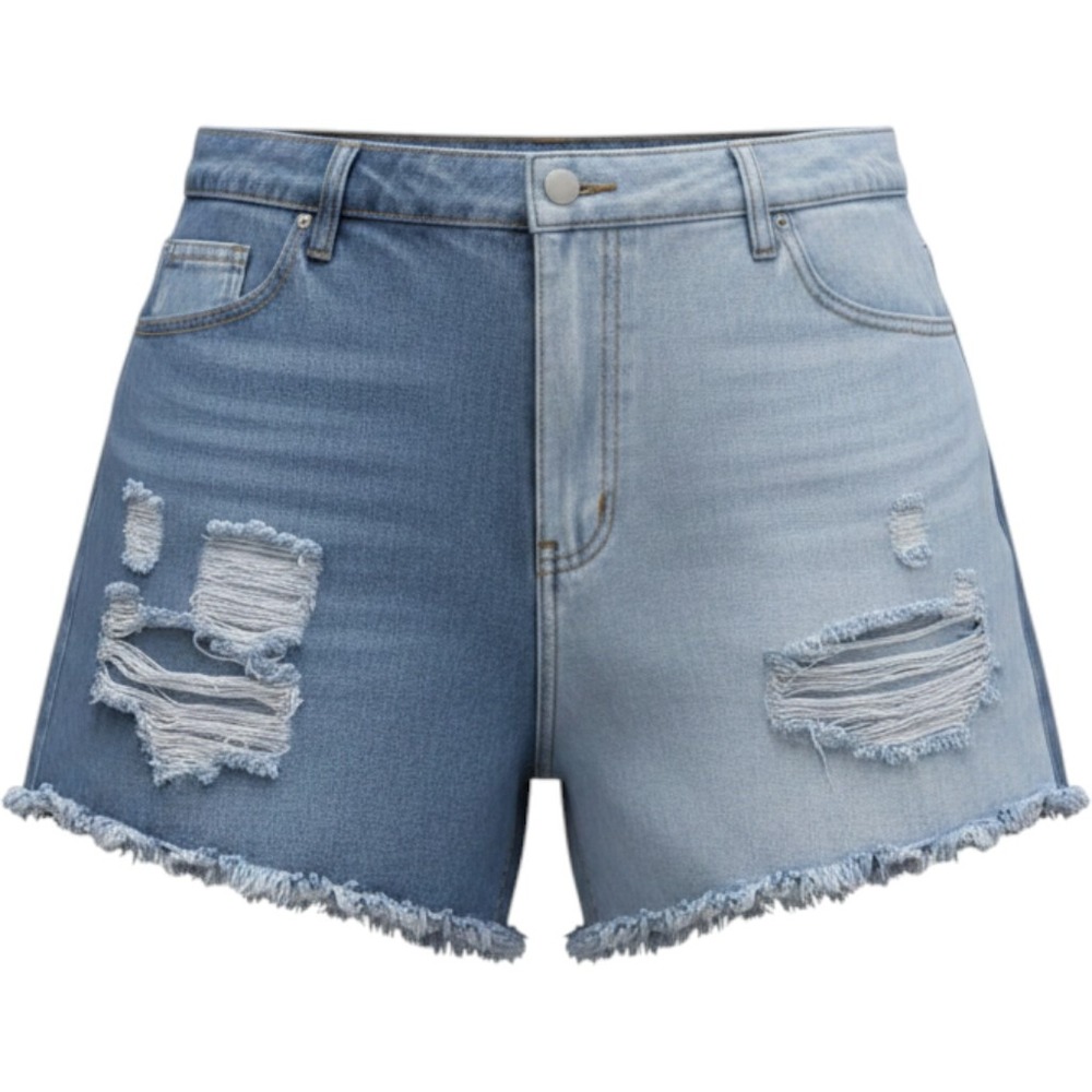SHEIN Curve Two Tone Distressed Denim Shorts Blue High Rise Frayed Hem 2XL